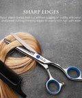 Pro Grade Hair Cutting Scissors And Thinning Shears Kit For Barbers Razor Edge Japanese Stainless Steel shown on hair