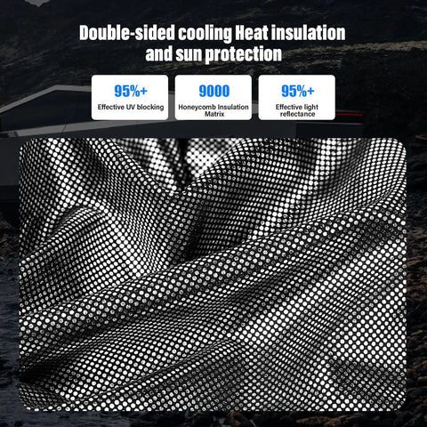 Close-up of black dotted mesh sunshade fabric for Cybertruck interior (2-piece)