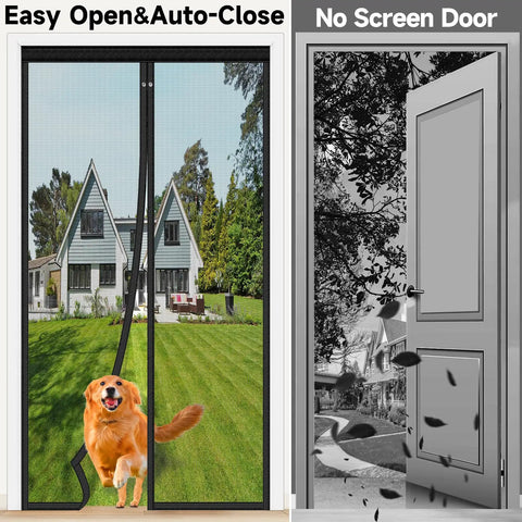 Upgraded Magnetic Screen Door With Full Strip Magnets, Heavy Duty Fiberglass Mesh, Quick Close Auto Closure For Single Doors 36 x 80 Inch installed with a dog walking through