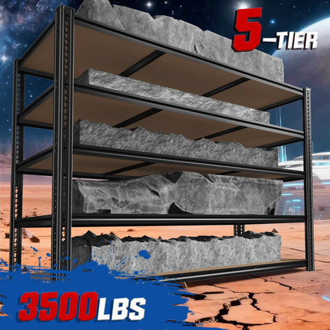 Heavy Duty Garage Shelving Unit 3500 Lbs Capacity, 60 Inch Wide 5 Tier Storage Rack For Tools, Gear, And Oversized Items, Ultra Sturdy Metal Shelves For Home, Garage, Or Workshop Organization; 5-tier metal rack with rocks
