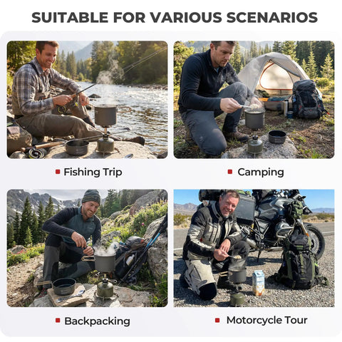 9 Piece Camping Cookware Set With Nonstick Pans And 3200W Stove Igniter Magnetic Gas Canister Stand in outdoor scenarios