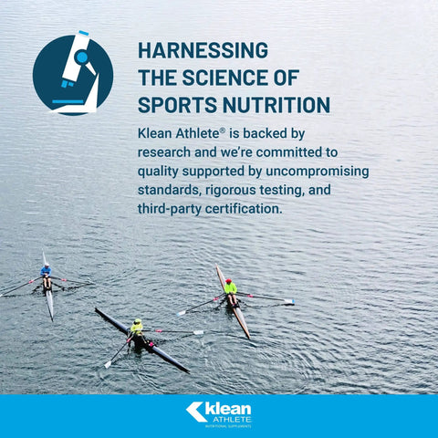 Three athletes rowing on water with text about Klean Athlete's commitment to science-backed sports nutrition and quality standards.