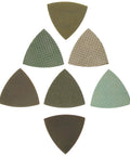 Set of 7 3 Inch Triangle Diamond Polishing Pads For Oscillating Multi Tools arranged in a triangular shape, Velcro backed for wet or dry use.