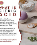 Citric acid powder 2 lb bag by Spicy World; front banner with left text and lavender bath bombs on the right.