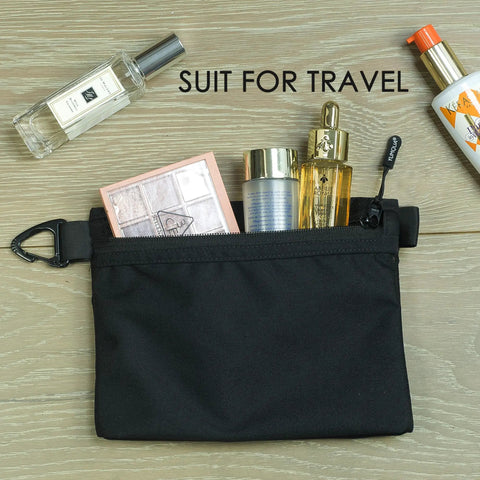 Water Resistant Zipper Pouch With Carabiner Clip Small Nylon Travel Organizer for cosmetics with various bottles inside