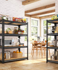 Two Pack Adjustable Garage Shelves With Side By Side Design Deliver 71 Inch Wide Storage For Garage Pantry And Kitchen Heavy Duty Build Perfect For 18 Gallon Storage Boxes Five Gallon Buckets Spare Tires Moving Boxes And More. Black metal 4-tier shelves in a kitchen storage room