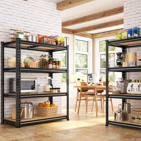 Two Pack Adjustable Garage Shelves With Side By Side Design Deliver 71 Inch Wide Storage For Garage Pantry And Kitchen Heavy Duty Build Perfect For 18 Gallon Storage Boxes Five Gallon Buckets Spare Tires Moving Boxes And More. Black metal 4-tier shelves in a kitchen storage room