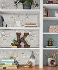 Bookshelf with gray floral peel and stick wallpaper removable for walls, self adhesive home decor, 20.5 in by 18 ft backdrop.
