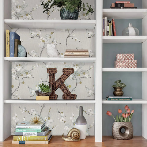Bookshelf with gray floral peel and stick wallpaper removable for walls, self adhesive home decor, 20.5 in by 18 ft backdrop.