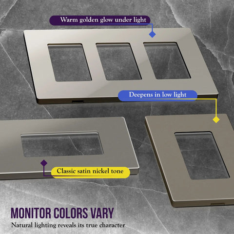 Glossy Screwless Decorator Wall Plate for 1 Gang Outlet, Kid Safe Nickel Finish, 10 Pack with warm golden and classic satin tones