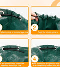 Step-by-step setup of 16-gallon lawn bag from Long Reach Weeding Tool Set With Serrated Double Edged Blade, Stand Up Weeding Tool, Two Leaf Scoops, 16 Gallon Lawn Bag, And Gardening Gloves For Easy Yard Work And Cleanup, Durable Stainless Steel Garden Tools