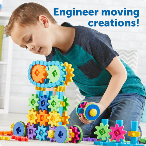 Child playing with Learning Resources Gears Gears Gears Mega Builds Kid Friendly Building Toy Set For STEM Learning And Fine Motor Skills With 235 Colorful Interlocking Pieces