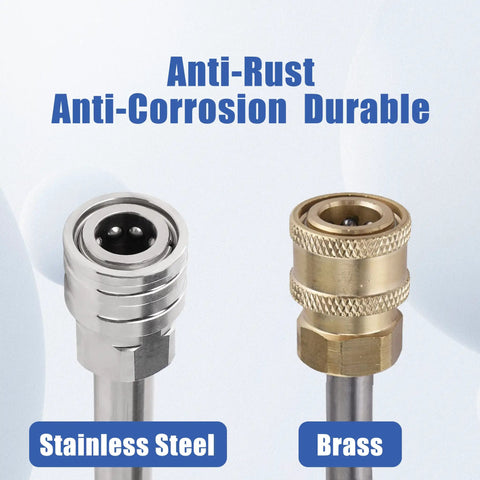 Two 60 Inch Pressure Washer Wand Extensions Stainless Steel Power Washer Lance With One Quarter Inch Quick Connect Fitting 4000 PSI Heavy Duty Beefed Up Reach Extender For Cleaner Safer Spraying From Ground, showing stainless steel and brass fittings.