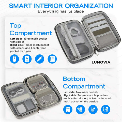 Top and bottom compartments of Knock Off Cable Tangles Grab And Go Hard Shell Tech Organizer With Removable Pouches for cords and chargers.