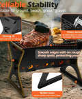 Portable Campfire Grill With Grate And Carry Bag Heavy Duty Outdoor Fire Pit showing meat and vegetables on grill