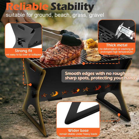 Portable Campfire Grill With Grate And Carry Bag Heavy Duty Outdoor Fire Pit showing meat and vegetables on grill