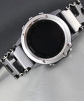 Stainless Steel Watch Adapter For Leatherman Bracelet Silver Tread Compatible With Apple Watch Ultra 46mm, shown on a fabric surface.