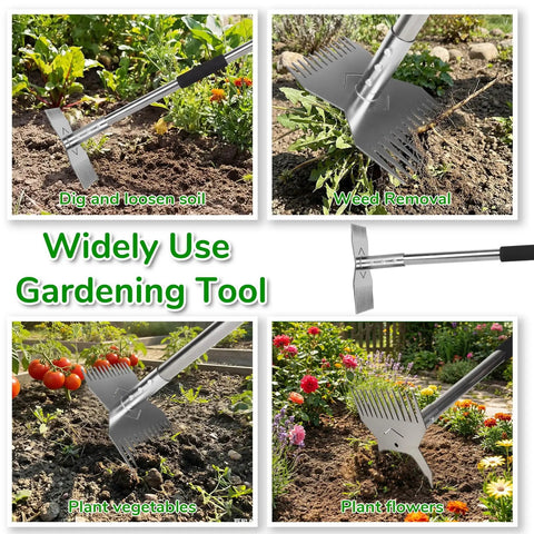 Dual Head Garden Weeding Tool With 63 Inch Long Handle 24 Claw Steel Heads for digging, weeding, and planting in garden beds.