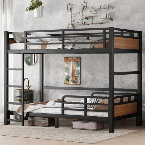 Detachable Twin XL Bunk Bed With Metal Guardrails In Walnut Finish in a modern room setting, space-saving loft system.