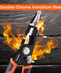 6 In 1 Wire Stripper and Crimping Tool with 8.5 Inch CR-V steel in flames, showcasing durability and multifunctional design for electrical use.