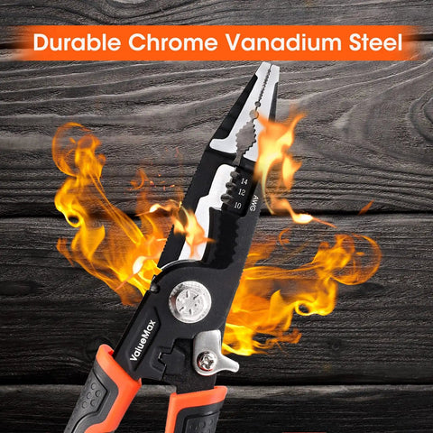 6 In 1 Wire Stripper and Crimping Tool with 8.5 Inch CR-V steel in flames, showcasing durability and multifunctional design for electrical use.