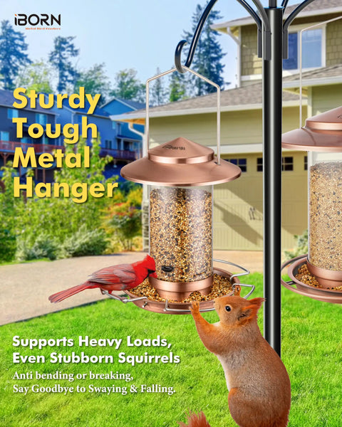 Chew Proof Metal Bird Feeder For Outdoors With Copper Finish Holds About One Point Three Two Pound Seed Three Perches Squirrel Proof Roof And Tray Weather Resistant Hanging Cardinal Feeder Seed Not Included shown hanging on a pole with a cardinal feeding.