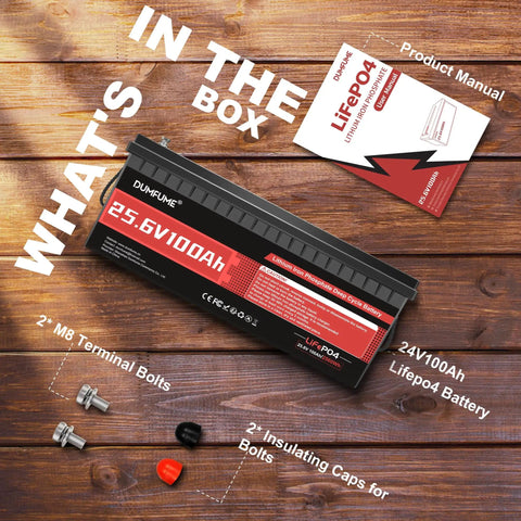 25.6V 100Ah LiFePO4 Battery For RVs, Solar, Off Grid And Backup Power with manual, terminal bolts, insulating caps shown
