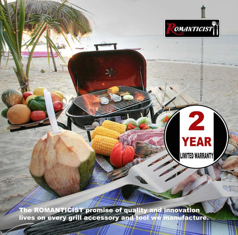 Romanticist 4pc heavy-duty grill tools set on a beach barbecue with corn, meat, and coconuts.