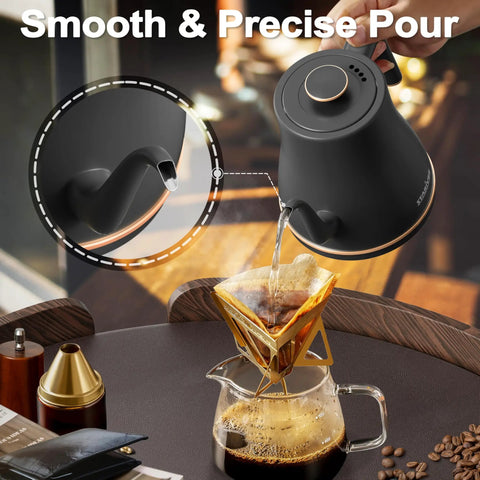 Gooseneck Electric Kettle 0.8L For Pour Over Coffee And Tea With Precision Spout pouring coffee into glass pot