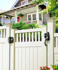 Heavy Duty Self Closing Gate Hinges With Adjustable Tension Springs For Square Post Vinyl PVC And Wood Pool Safety Hinge Built To Last With Swing Close 185 Pound Rating SHC135 Black Safetech installed on white fence