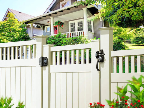 Heavy Duty Self Closing Gate Hinges With Adjustable Tension Springs For Square Post Vinyl PVC And Wood Pool Safety Hinge Built To Last With Swing Close 185 Pound Rating SHC135 Black Safetech installed on white fence