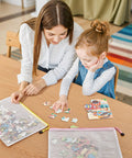 Two colorful A4 zipper mesh document pouches with puzzles, showcasing Colorful A4 Zipper Mesh Document Pouches 24 Pack Set In 10 Colors Waterproof Storage Bags For Office School Travel And Home Organization Game Night Ready For Papers Board Games Puzzles Toys And Cosmetics being used during game night.
