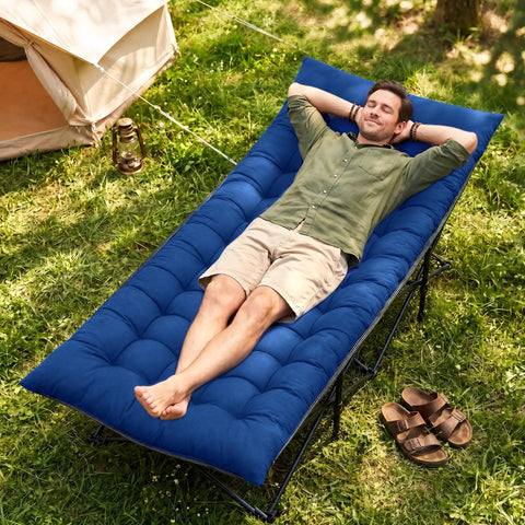 Man relaxing on Extra Wide Camping Cot for Adults With Mattress, Heavy Duty 1200D Oxford Fabric Folding Cot, outdoors