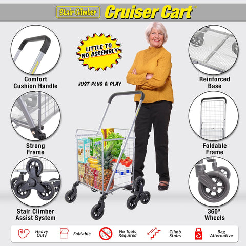 Stair Climber Grocery Cart With Six Wheels And 360 Degree Mobility, foldable trolley with groceries, comfort handle, stair climbing design.