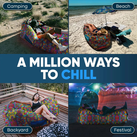 No Pump Setup Inflatable Couch Lounger for Beach Camping Festivals and Tailgates with Ripstop Polyester and Psychedelic Print