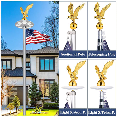 Top Tier Gold Bald Eagle Flag Pole Topper With Heavy Duty Hardware Kit 11 Inch on a home flagpole with American flag.
