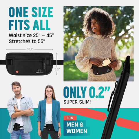 Model wearing Travel Money Belt Hidden Under Clothes Must Have RFID Blocking Passport Holder And Slim Waist Wallet Pouch.