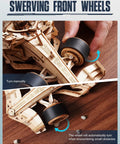 1 To 18 Scale Formula Racing Car Puzzle Kit For Adults, Wind Up Wooden Model Car Kit showing swerving front wheels detail