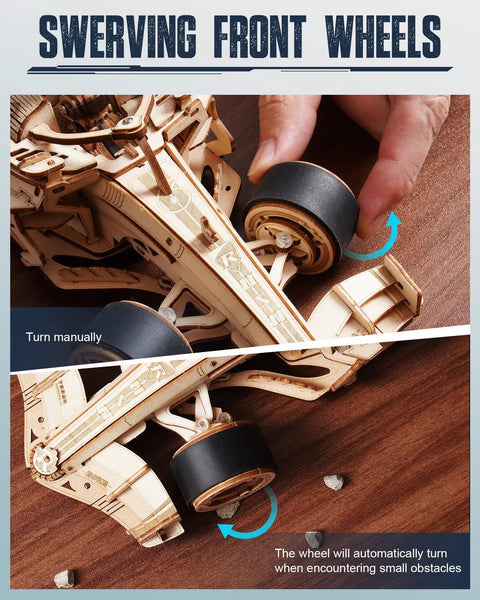 1 To 18 Scale Formula Racing Car Puzzle Kit For Adults, Wind Up Wooden Model Car Kit showing swerving front wheels detail