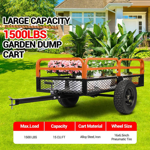 Beast Utility Dump Cart with 1600 lb capacity and 15 cu ft steel trailer, removable sides, all-terrain wheels, loaded with plants.
