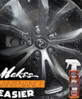 Close-up of a car wheel with HydroSpin Wheel And Rim Ceramic Coating And Quick Detailer Spray 16 Oz bottle visible.