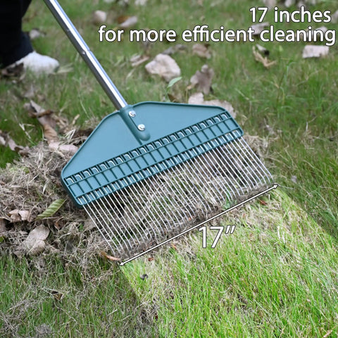 Thatch Rake With 66 Inch Adjustable Handle And 17 Inch Wide Dethatcher For Lawns, removing debris from grass