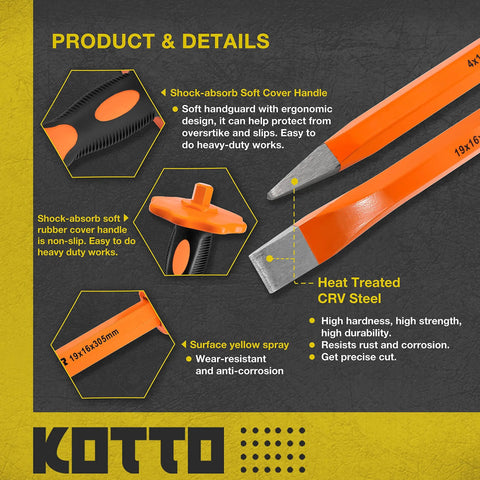 Beefy Heavy Duty 12 Inch Chisel Set With Hand Guard And Storage Case shown with shock-absorb handle and heat-treated CRV steel blade.