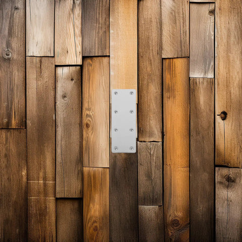 Stainless Steel Flat Straight Corner Braces Five Pack With Multiple Openings on wooden plank background.
