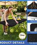 Woman installing Six Pack Fitted Tablecloth For 6 Foot Rectangular Tables Black Elastic Spandex Stretch Table Cover in garden