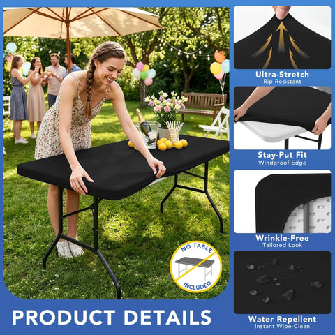 Woman installing Six Pack Fitted Tablecloth For 6 Foot Rectangular Tables Black Elastic Spandex Stretch Table Cover in garden