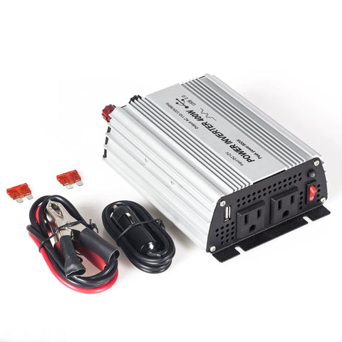400 Watt Power Inverter DC To AC Converter With Quick Charge USB And Dual Outlets, featuring two AC outlets and cables.