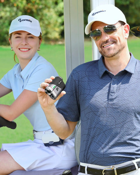 Man holding Golf Rangefinder With Slope, 800 Yards Range, 6X Magnification, Aluminum Alloy Body among golfers in cart