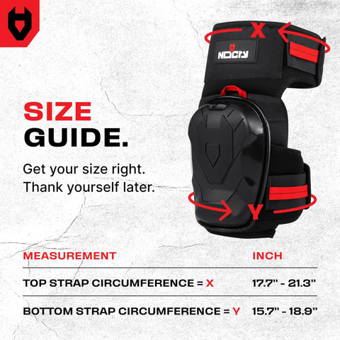 Heavy Duty Construction Knee Pads With Ankle Support And Anti Slip Cap, size guide showing top and bottom strap circumferences.
