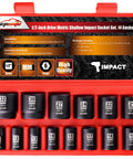 1/2 Inch Drive Metric Shallow Impact Socket Set With Cr-V Steel, 6 Point, 14 Piece, 11-32mm Sockets in red storage case